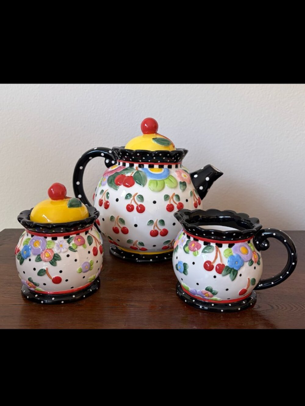 Mary Engelbreit Oh So Breit Teapot Creamer Sugar Set, Cherries and Flowers